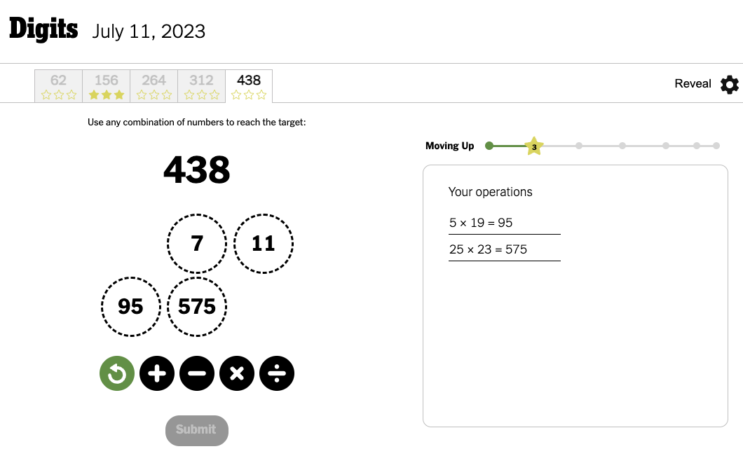 Screenshot of the New York Times Digits game