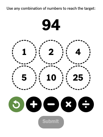 Screenshot of one of the Digits problems, with [1, 2, 4, 5, 10, 25] and target 94