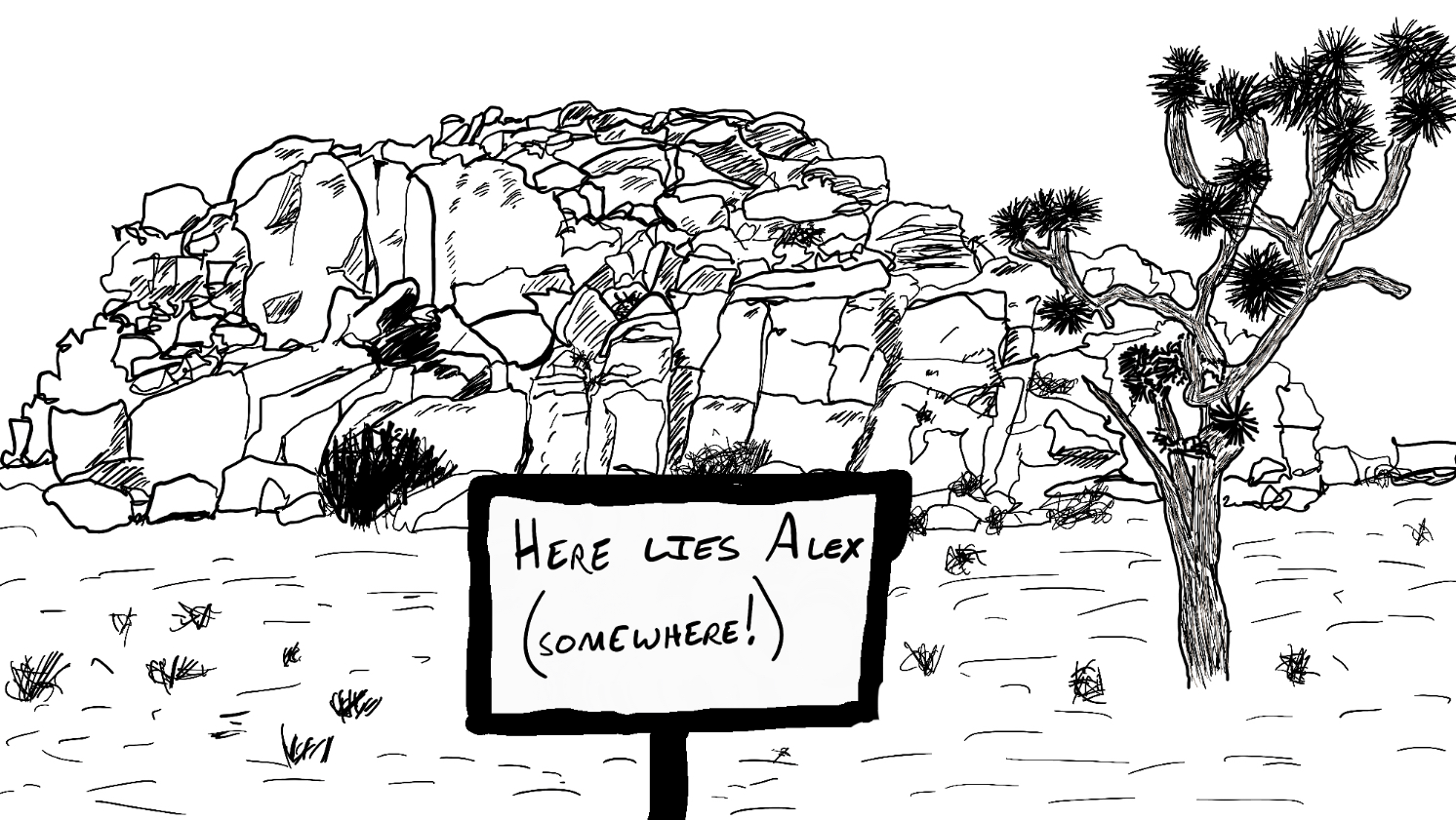 Drawing of Joshua Tree rocks I scrambled with sign post: &ldquo;here lies Alex (somewhere!)&rdquo;