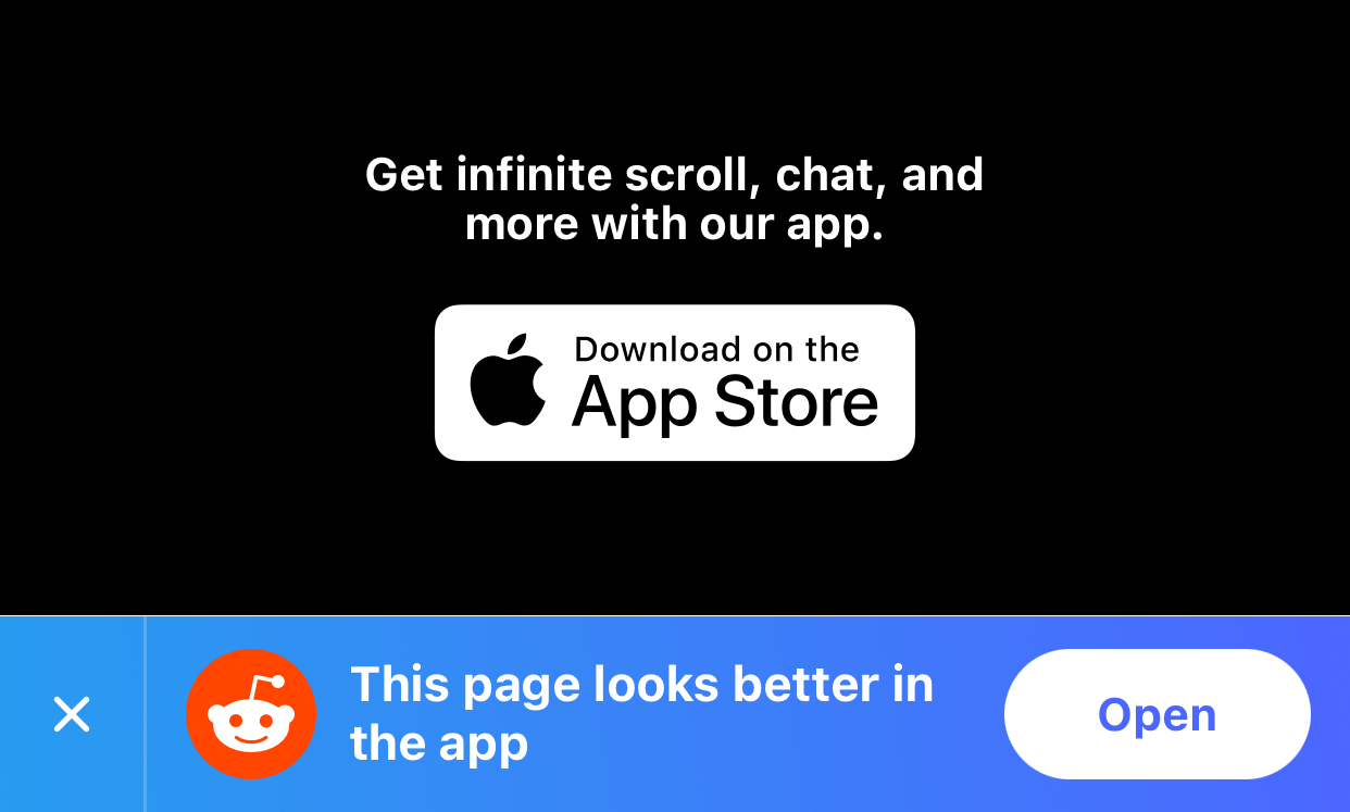 Screenshot showing Reddit&rsquo;s mobile UI telling me I can download the app to use infinite scroll