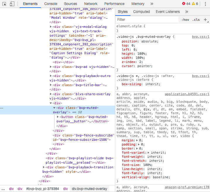 Screenshot of devtools focusing on video overlay element