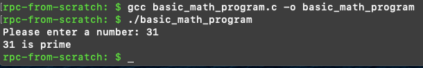 Running basic_math_program.c; says 31 is prime