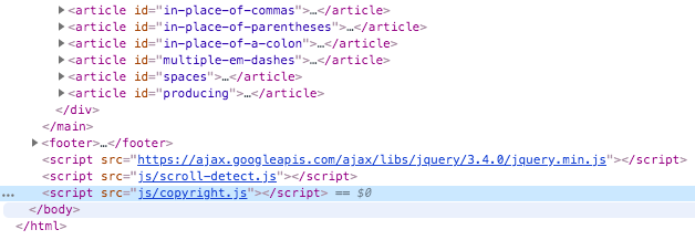 Screenshot of the HTML of site with the JS script visible