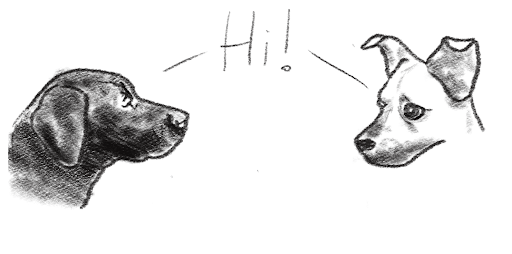 A drawing of Karl, a terrier, saying 'Hi!' to Jake, a black lab.