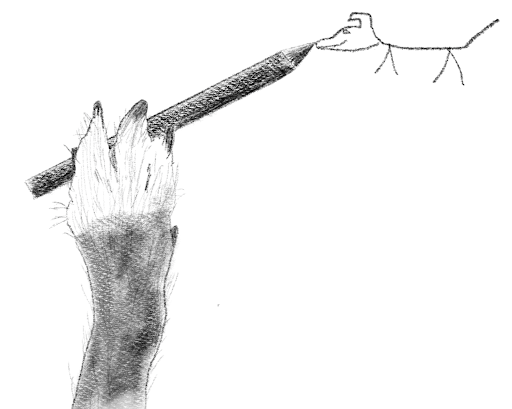 A drawing of a dog's paw holding a pencil, drawing a basic stick figure dog.