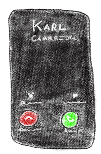 A picture of an iPhone with an incoming call from Karl in Cambridge.