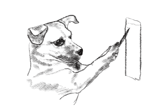 A drawing of Karl, a small terrier, writing a letter.