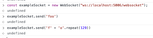 Screenshot showing me creating the WebSocket in JavaScript and sending &lsquo;foo&rsquo;